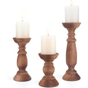 Rustic Wooden Pillar Candle Holders Set of 3, 12'' 9'' 6'' Farmhouse Wood Candle Stand for Table Centerpieces, Vintage Tall Candleholders Fireplace Mantel Decor for Living Room, Brown