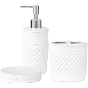 3-Piece White Ceramic Bathroom Accessories Set - Luxurious Soap Dispenser, Toothbrush Holder & Soap Dish with Modern Geo Embossed Design for Bathroom Accessory Set