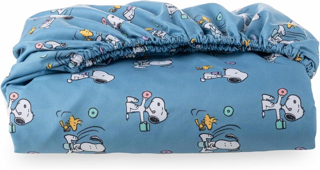 Berkshire Blanket Peanuts Fitted Sheet Full Size, Cute Character Snoopy Microfiber Sheet with Deep Pocket, Soft and Breathable, Snoopy's Morning Coffee Small Blue