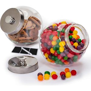 1 Gallon Large Glass Cookie Jars for Kitchen Counter + Marker & Labels - Food Storage Canisters with Airtight Lids, Coin & Penny Jar for Candy Buffet, Coffee, Laundry Detergent Holder, Set of 2.
