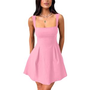 YMDUCH Women's Sexy Sleeveless Square Neck Adjustable Straps Bow Tie A-line Mini Party Club Dress, Size: S