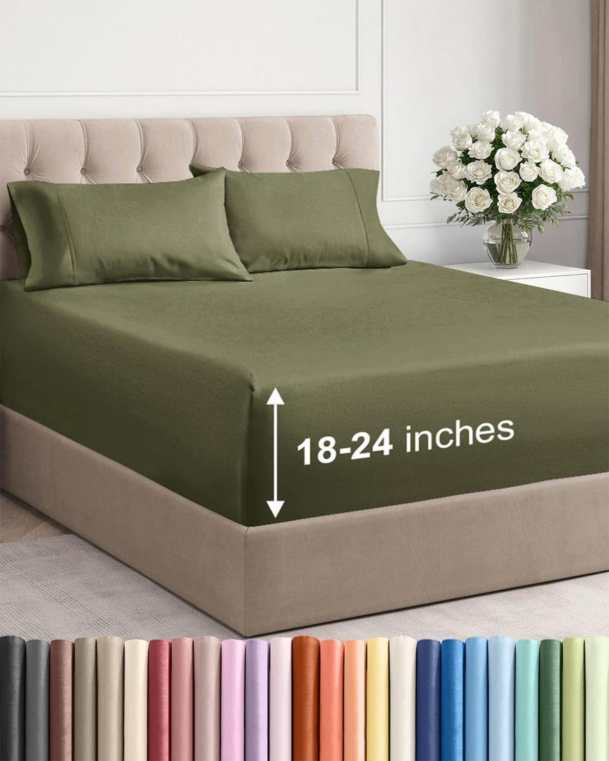 Extra Deep King Sheet Set - 4 Piece Breathable & Cooling Bed Sheets - Easily Fits 18 to 24 inch Mattress - Ultra Soft, Wrinkle & Fade Free with Extra Deep Pockets - Hotel Luxury Bedding - Sage Green
