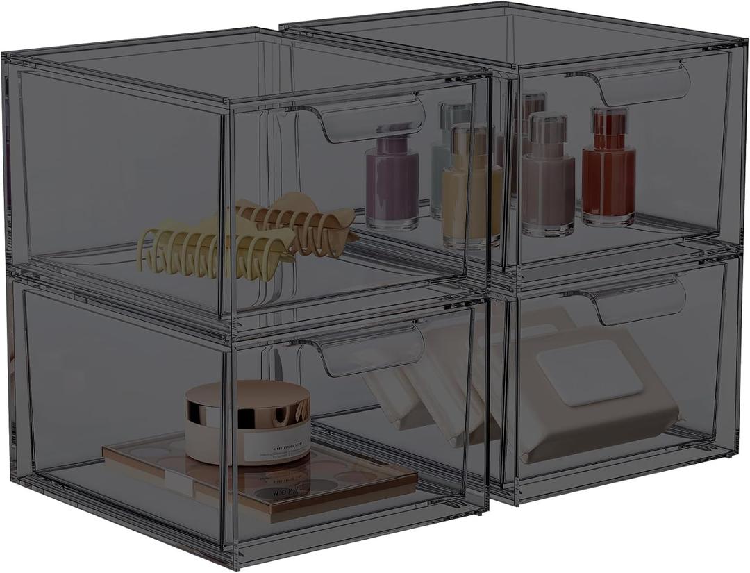 4 Pack Stackable Makeup Organizer and Storage, Acrylic OrganizersClear Plastic Storage Drawer with Pull-Out Handles for Vanity, Undersink, Kitchen Cabinets, Pantry, Black