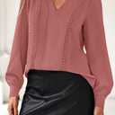 dowerme Womens Tops 2026 Spring V Neck T-Shirts Long Sleeve Shirts Lace Crochet Work Blouses Dressy Casual Loose Tunics (M)