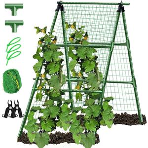 A-Frame Metal Garden Trellis Set for Raised Bed for Climbing Plants Outdoor-Detachable Cucumber Climbing Trellis with Net Clips-Garden for Cucumber Flowers Vegetables