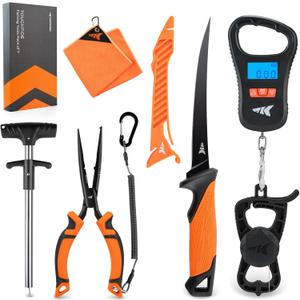 KastKing ToughTide Fishing Tool Kit, Rechargeable Digital Fish Scale with Lip Grip & Tape Measure, 7 Fillet Knife with Sheath & Sharpener, 8 Split Ring Fishing Pliers