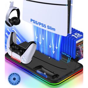 PS5 Stand with Cooling Station and Controller Charging Station for PlayStation 5 Slim Console, PS5 Controller Charger, Cooling Stand, LED Light, Headset Holder for PlayStation 5 Accessories