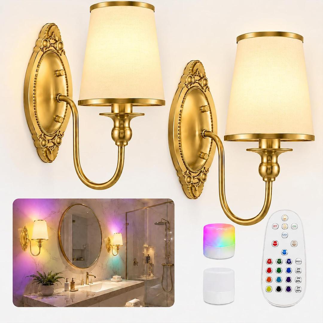 Battery Operated Wall Sconce, Wall Sconces with 12 RGB Colors-Gold