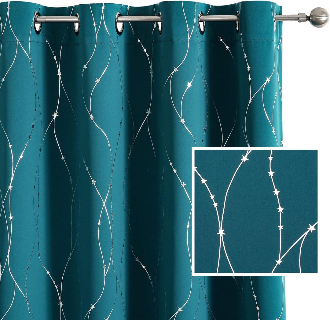SMILE WEAVER Peacock Blue Blackout Curtains 63 Inch Long for Living Room 2 Panels,Room Darkening Curtain-Grommet Print Design Noise Reducing Thermal Insulated Bedroom Window Drapes