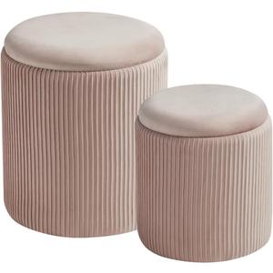 BLEXA Round Set of 2 Ottoman with Storage-Upholstered Velvet Vanity Stool for Makeup Multifunctional Ottomans Coffee Table Padded Seat Foot Rest for Living Room&Bedroom(Pink), Basic