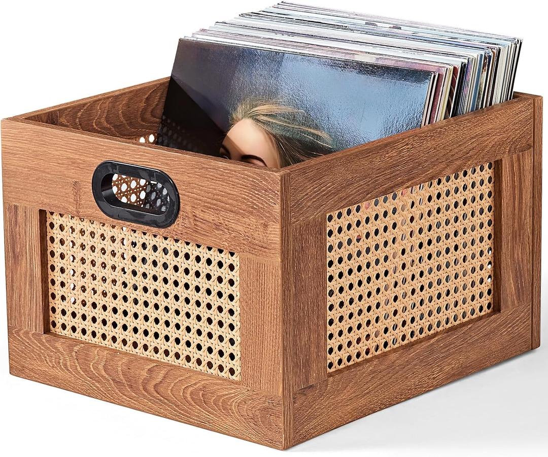 LELELINKY Vinyl Record Storage Crate, Rattan Vinyl Record Holder with Handle, Wood Record Crate for Vinyls Holder up to 75 LP's, Desktop Cube Album Storage for Vinyls Records(Tea Brown) (1 Pack)