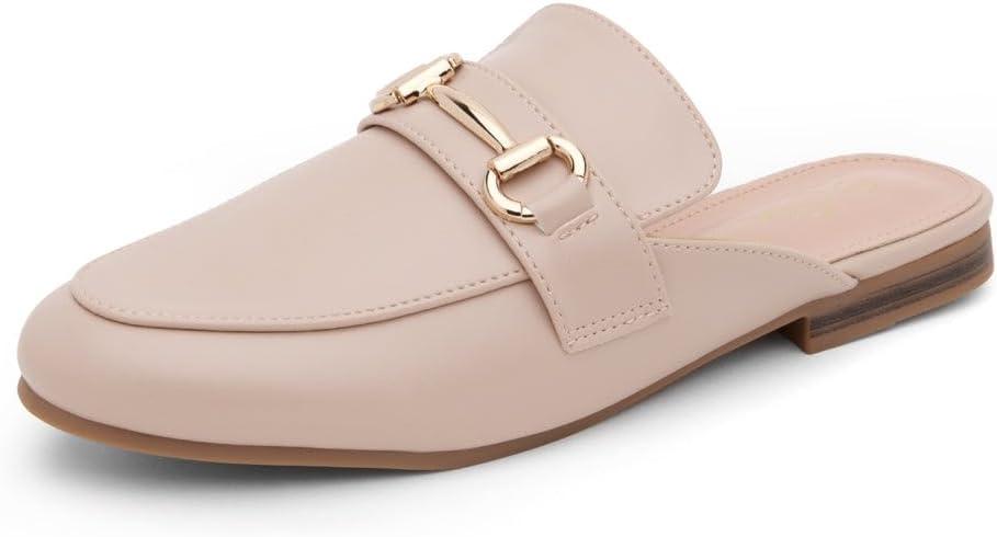 Shoe Land Mules for Women  Slip-On Mules & Flats Shoes with Buckle, Closed Round Toe | Backless Loafers, Business Dress Slides & Casual Comfortable Work Shoes (6, Nude)