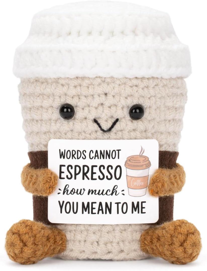 Funny Positive Coffee, Emotional Crochet Doll, Cute Crochet Potato Partner Toy with Positive Card Cheer Up Funny Gag Gifts for Best Friend Birthday Women Teacher FallCoffee