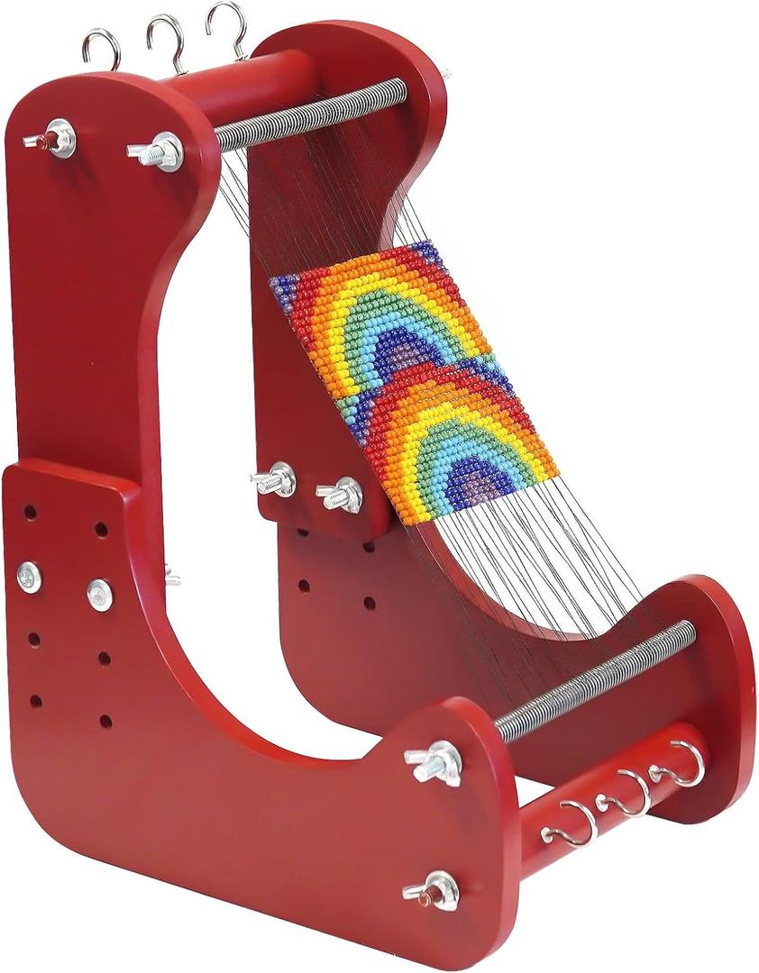 Adjustable Standing Bead Loom, Wood Beading Loom Kit with 4 Length Options, Ergonomic Angled Design, Work Area 7.5" to 10.5", Full Size 7" x 14" x 10", Includes Threader & Brush, for Jewelry & Crafts