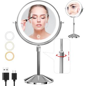 Omobolanle 8" Lighted Makeup Mirror, 10X Magnifying Mirror with Light 360 Rotation Double Sided Mirror with 3 Color Lights Brightness & Height Adjustable Rechargeable LED Light Up Mirrors Silver