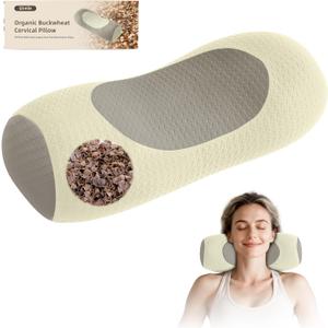 Organic Buckwheat Cervical Neck Pillow, Adjustable Neck Roll for Sleeping, Ergonomic Neck Support Bolster for Side & Back Sleepers, Firm Support Pillow for Neck Pain Relief & Spine Alignment