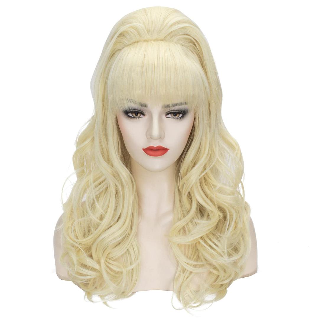 Beehive Wig Blonde Women 60s Vintage Long Curly Bouffant Updo Victorian Fembot Wig 50s 70s Costume Married Housewife Heat Resistant Synthetic Hair Wigs for Halloween Party + Cap