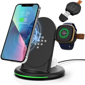 3 in 1 Charger for Fitbit Sense/Sense 2/Versa 3/Versa 4, Charging Station for iPhone 16/15/14/Plus/Pro Max, for Samsung Galaxy S24 S23 S22, for Goole Pixel 9/8/Pro, for AirPods&Galaxy Buds