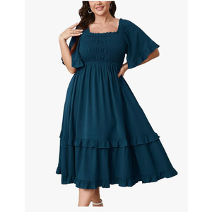 SCOMCHIC Women's Plus Size Maxi Dresses Summer Short Sleeve Square Neck Smocked Wedding Guest Cocktail Boho Long Dress 2XL