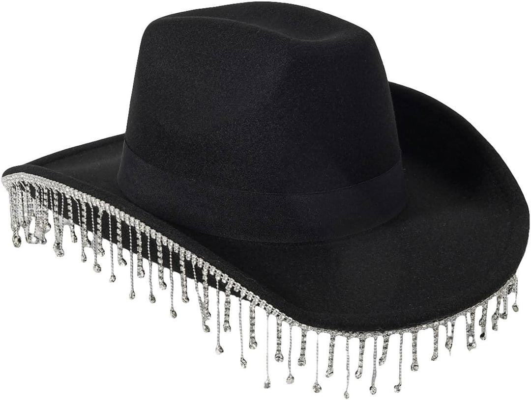 QWINEE Women's Western Rhinestone Tassel Decor Cowboy Hat Halloween Cowgirl Hat Fedoras for Men (Black), 57cm 