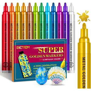 Betem Super Golden Metallic Paint Markers, 12 Colors Metallic Paint Pen Scrapbook Supplies, 2-3mm Medium Tips Glitter Markers for Black Paper, Rock Painting, Ceramic, Wood, Christmas Gifts DIY Crafts