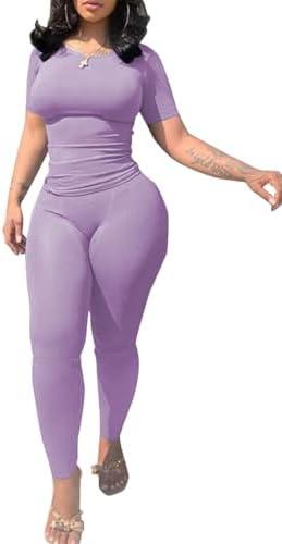 PINSV 2 Piece Sets for Women Summer Casual Jogger Workout Outfits Fitted Crew Neck T-shirt High Waist Legging Sets, M