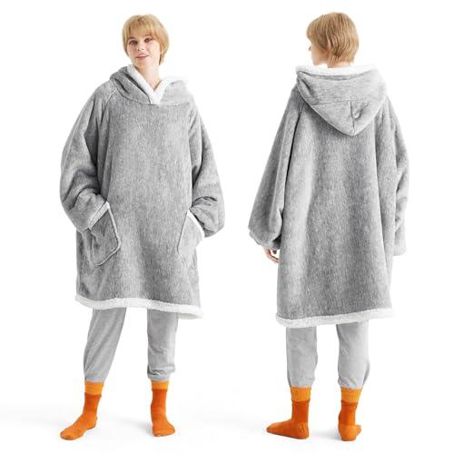 Bedsure Blanket Hoodie, Wearable Blanket Hoodie as Gifts for Mom, Birthday Gifts for Women Kids Teens Sherpa Sweatshirt, Concrete Grey, Standard