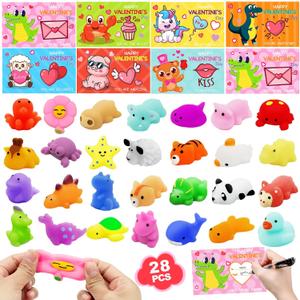28 Packs Valentine Mochi Squishy Toys with Cards Animal Squishies for Kids Valentines Day Gift Exchange Boys and Girls Classroom Prizes Valentine Party Favors Supplies