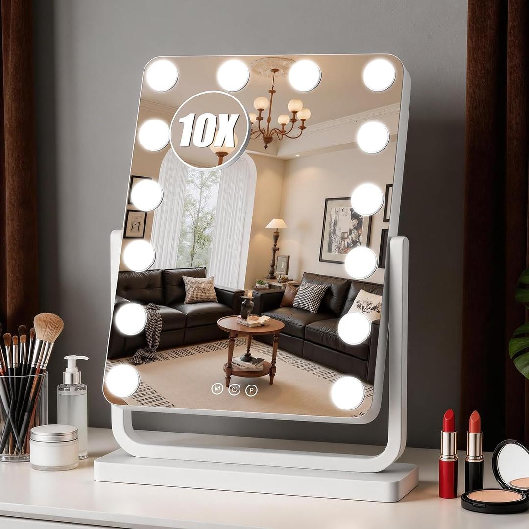 Vanity Mirror with Lights, 18"×15" Hollywood Makeup Mirror with 14 Dimmable Bulbs, 3-Color Lighting, Dimmable, 360° Rotation, 10x Magnification, Desk Mirror, Bedroom (White)