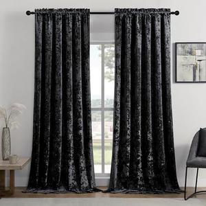 SMILETIME Black Crushed Velvet Curtains 52x96inch Rod Pocket Luxurious Thermal Insulated Soundproof Drapes Soft and Durable Light-Filtering Window Treatments for Living Room Bedroom, 2 Panels