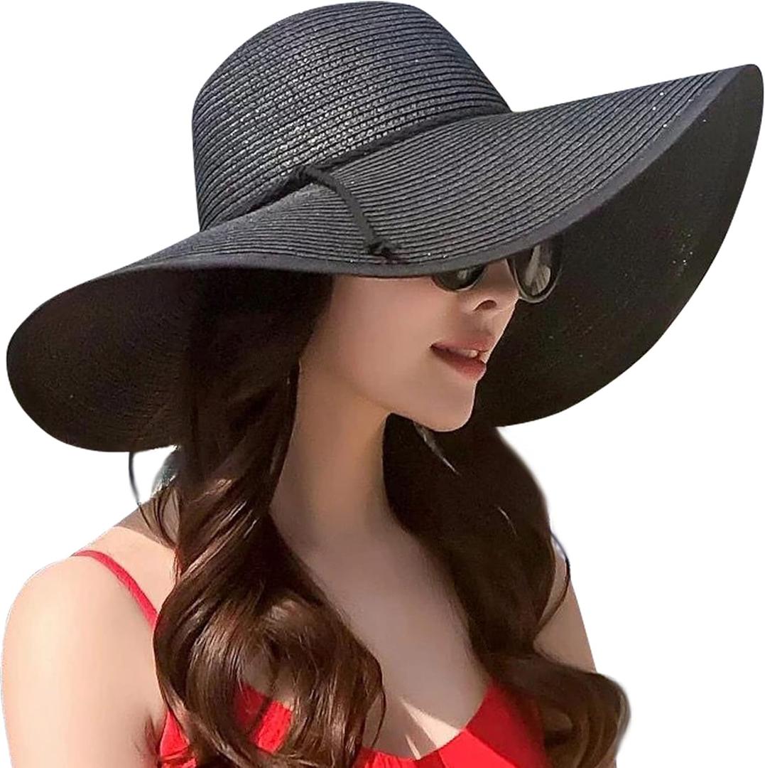 Lanzom Womens Wide Brim Straw Hat Big Floppy Foldable Roll up Cap Beach Sun Hat UPF 50+ (One Size, Twine-black)