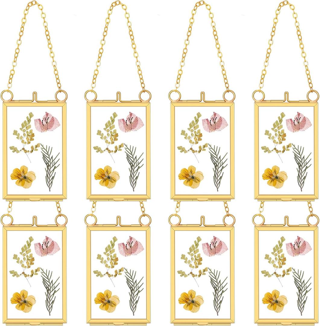 Reginary 8 Pcs 2 x 3 Inch Glass Frame for Pressed Flowers Mini Hanging Double Brass Frame Floating Glass Photo Picture Frame with Chain for Artwork Art Specimen Wall Plant DIY Decor(Gold)