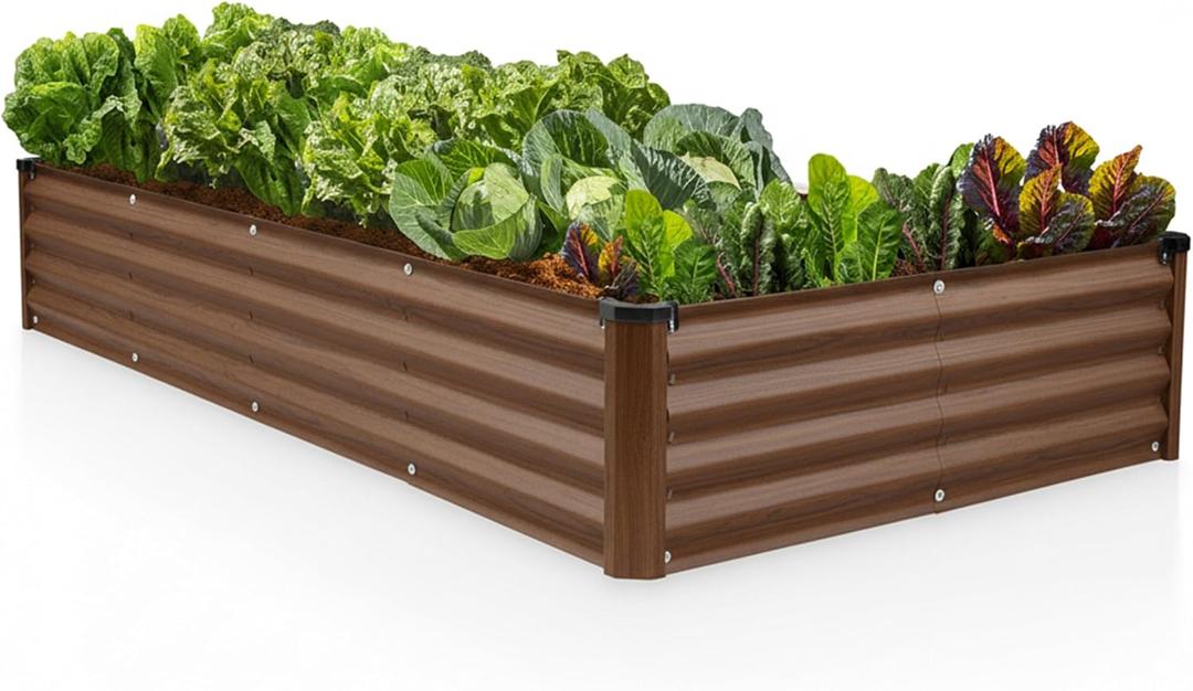 Plant & Plot Galvanized Raised Garden Beds Outdoor // 8×4×1 ft Planter Raised Beds for Gardening, Vegetables, Flowers (Dark Wood Grain) // Large Metal Garden Box // Patented Tool-Free Design