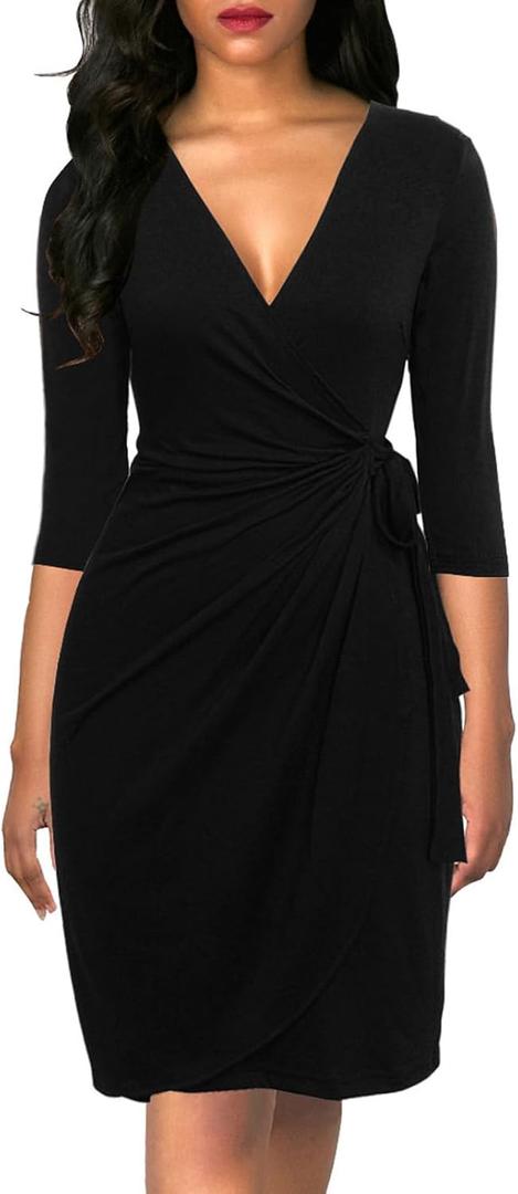 Berydress Women's Vintage 3/ 4 Sleeve V-Neck Knee-Length Sheath Draped Belt Faux Black Wrap Dress (XL, 6083-Black)