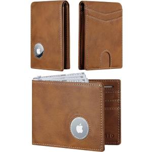 furid Apple Airtag Wallet Men Slim: Air Tag Wallet with Airtag Holder, RFID Blocking, Bifold, Front Pocket, Minimalist Card Wallet, Carbon Fiber Wallet (Brown Leather)