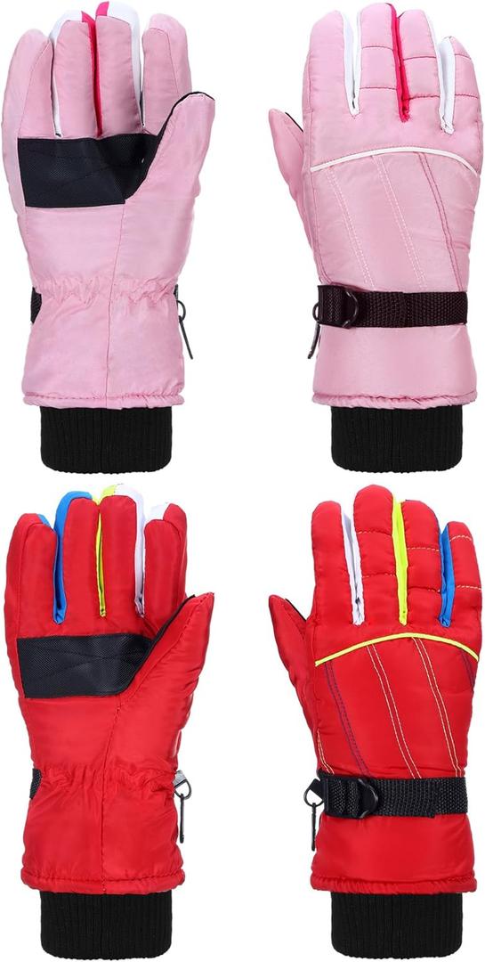SATINIOR 2 Pairs Kids Waterproof Winter Snow Gloves Ski Gloves for Boy Girl Outdoor Warm Thickening Snowboar (10-15 Years, Red, Pink)