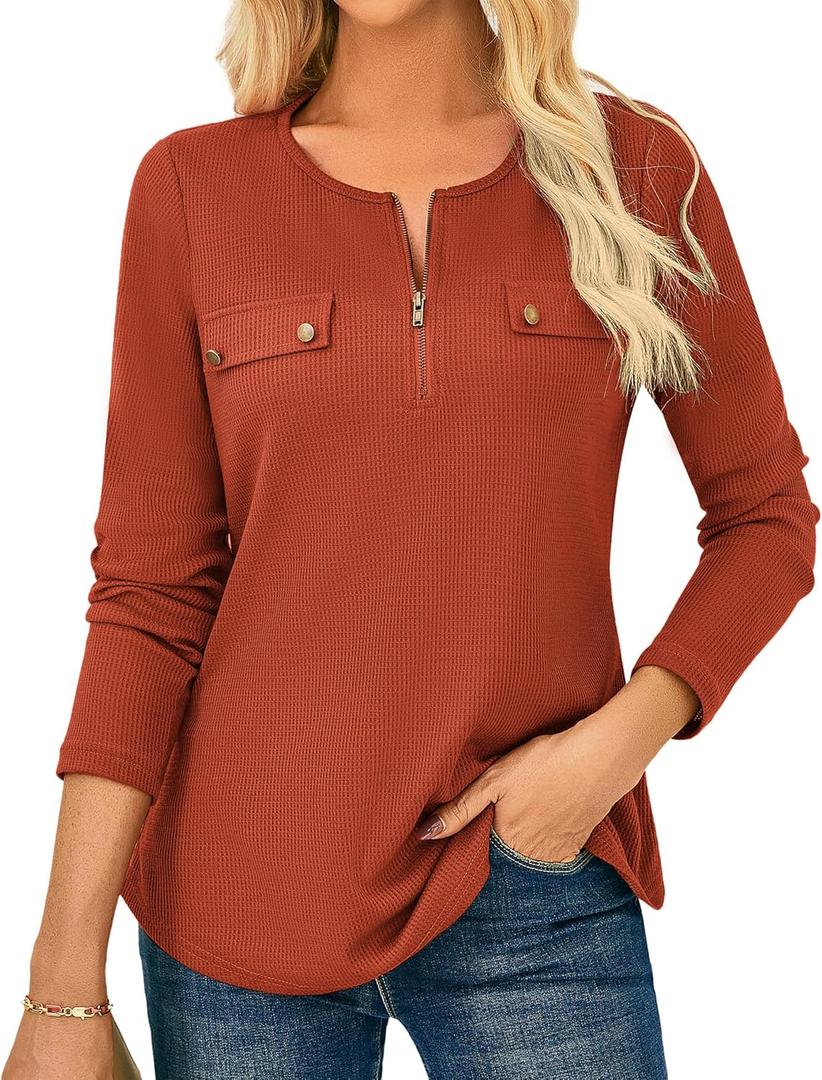 GRACE KARIN Waffle Knit Tops for Women, Long Sleeve Shirts Dressy Casual Tunic Tops, 2025 Fall Work Blouses with Zipper (XX-Large, Caramel)