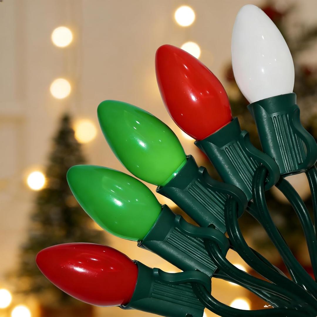 C7 Multicolor Christmas String Lights 25 Feet Outdoor String Lights with 27 LED Red White Green Bulbs(2 Spare), Hanging Christmas Lights for Roof Patio Balcony Party Xmas Decor, Green Wire