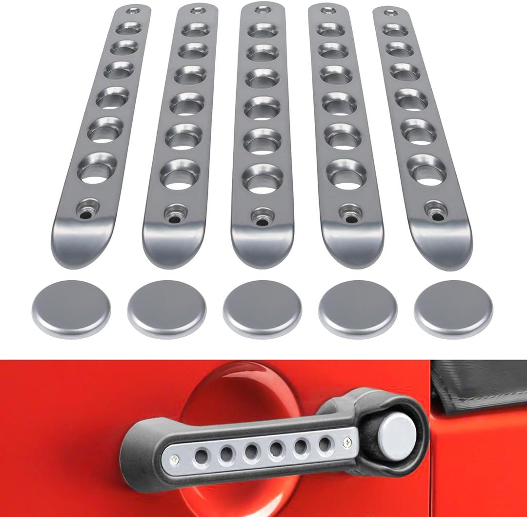 E-cowlboy Grab Handle Inserts Cover+Push Button Knobs Cover Trim for Jeep Wrangler JK JKU Sahara Rubicon Unlimited 2007-2018 Exterior Door Handle Decoration Accessories Aluminum (Silver)