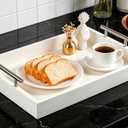 Serving Tray 16.5X 13 Deluxe Wooden Ottoman Food Tray for Eating, Dinner Trays for Eating on Couch Tray,Coffee Table with Polished Silver Metal Handles-4 Round Coasters Included, White