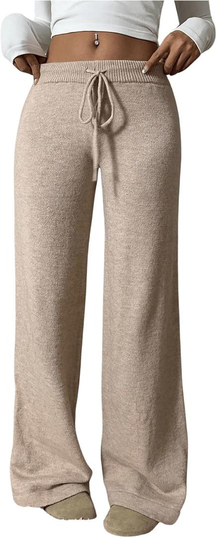 Verdusa Women's Straight Leg Pants Drawstring Waist Knitted Extra Long Trousers Fall Outfit Khaki Medium