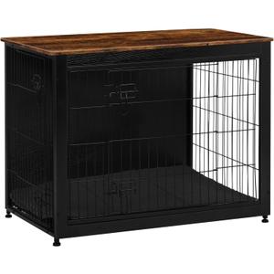 DWANTON Dog Crate Furniture with Cushion, Wooden Kennel Table with Double Doors, Indoor Dog House, Large Size, 38.5" L, Black+Rustic Brown