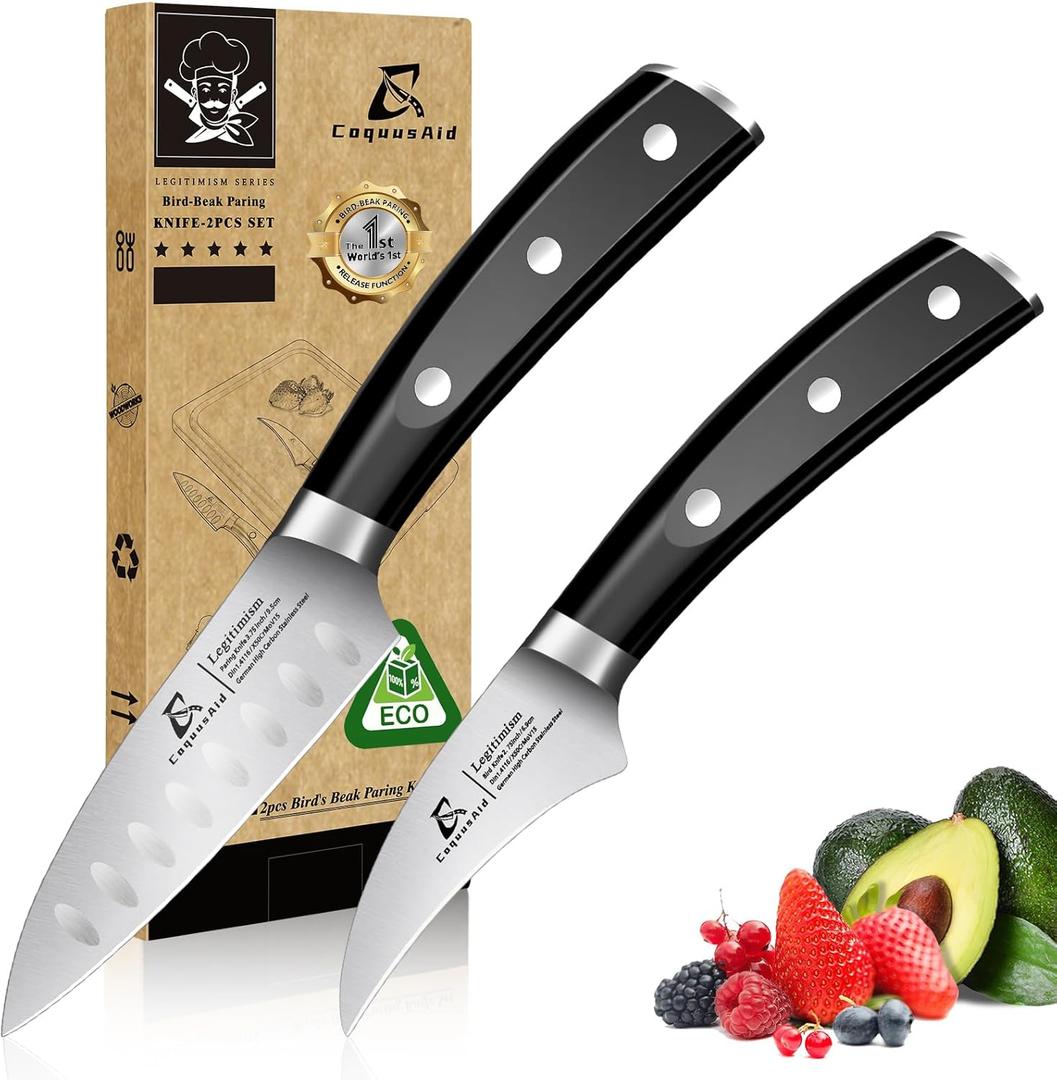 Paring Knife Set, 2PCS Small Kitchen Knives for Fruit, 3.8 Inch Fruit Knives and 2.75 Inch Bird Beak Peeling Knife, Premium Germany Stainless Steel Ergonomic Handle, Elegant Black Ideal for Gift