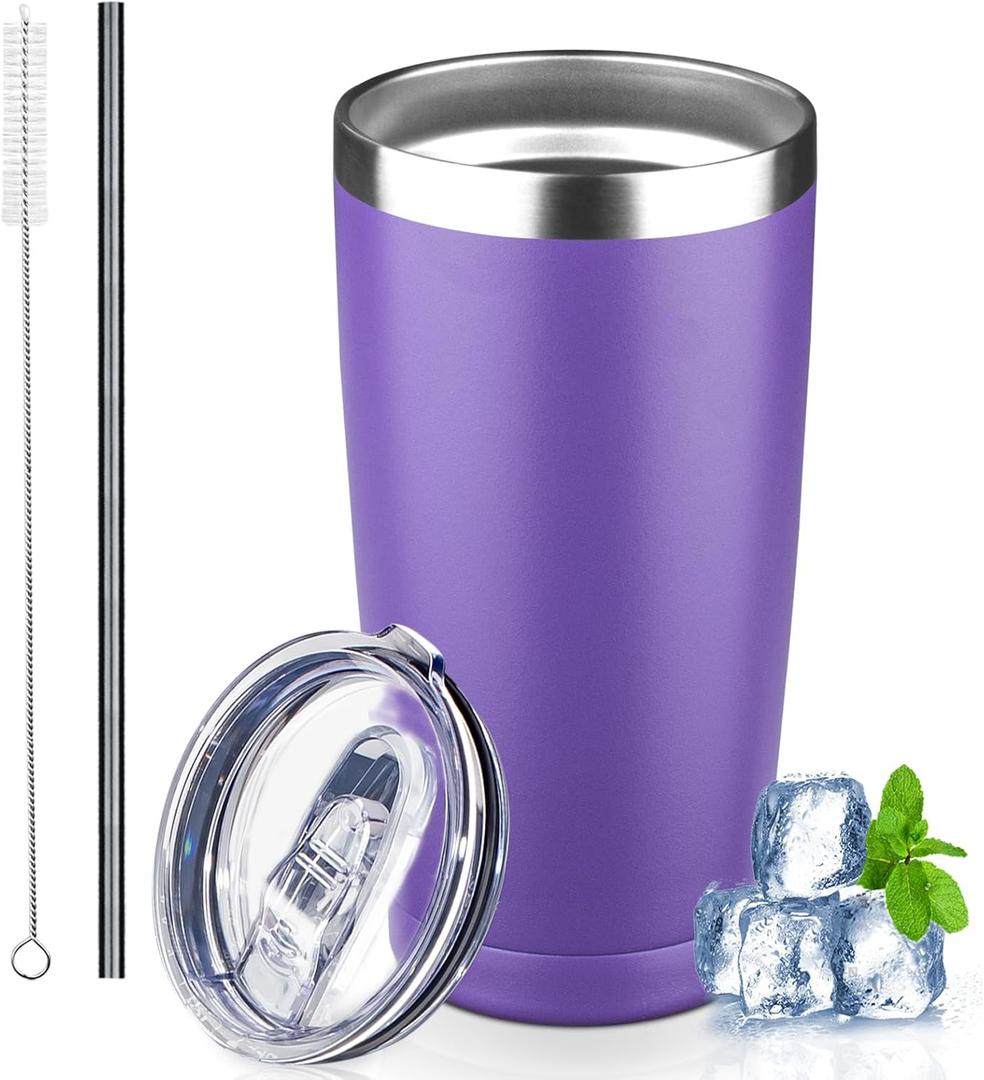 GUDEMAO 20 oz Tumbler with Lids and Straws, Stainless Steel Insulated Coffee Tumbler, Double Wall Vacuum Insulated Travel Mug Cup, Leakproof Thermal Coffee Cup for Hot and Cold Drinks (purple)