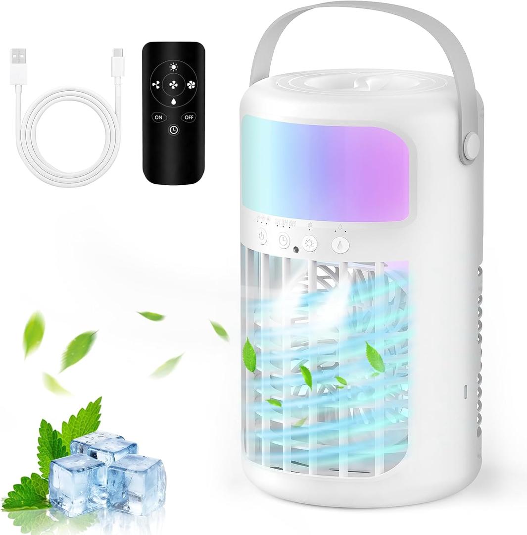 Portable Air Conditioners, Powerful Evaporative Air Cooler, 4-in-1 Personal AC Fan with Humidifier, 1500ML Tank, 3 Speeds & 2 Mist Modes, Remote, USB-C Cooling for Bedroom Office Camping