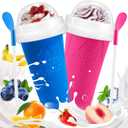 FANS-ONE Slushie Cup, 2 Pack Slushy Maker Cup, Frozen Magic Squeeze Cups for Juice Milk Yogurt Ice Cream Make, DIY Smoothie Cooling Cup with Lid & Straw for Kids Friends Family (Blue+Pink)