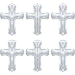6 Pcs 34 Inch Cross Balloon Jumbo Baptism Large Memorial Balloons Communion Christening Religious Foil Party Balloon for Xmas Home Outdoor Decorations(Silver)