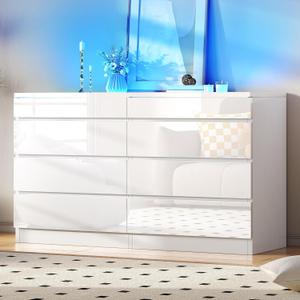 DWVO 8 Drawer LED Dresser, White Modern Chest of Drawers with Deep Storage, Tempered Glass Top & High-Gloss Finish, Stylish Organizer Cabinet for Living Room, Office Spaces