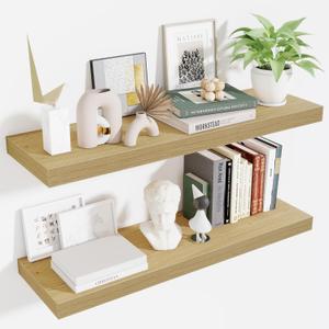 Fun Memories Floating Shelves for Wall 36 Inches, Wood Wall Shelves with Invisible Bracket, 10" Deep Shelves Wall Mounted, Large Wood Floating Shelves for Living Room Bathroom, Oak, Set of 2