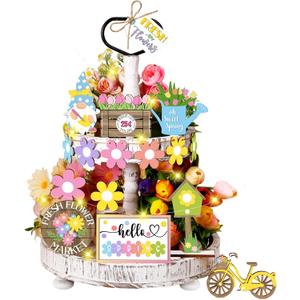 21 Pcs Spring Flower Tiered Tray Decor Set Hello Spring Wooden Table Sign Fresh Flower Gnome Tabletop Block Rustic Farmhouse Decor for Home Party Favor Kitchen Table Shelf